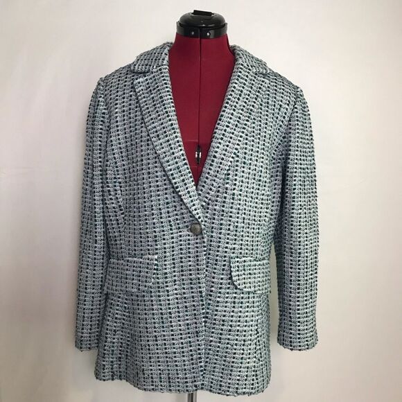 St John Textured Blazer Size 12 Blue/Green Weaved Pattern One-Button Silver - Picture 1 of 15